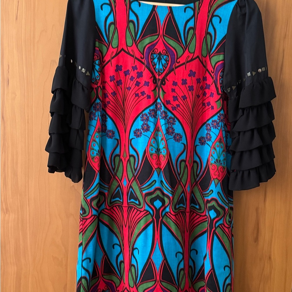 Garage Black and Pink Ruffled Tiered Dress with Bell Sleeves
